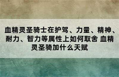 血精灵圣骑士在护驾、力量、精神、耐力、智力等属性上如何取舍 血精灵圣骑加什么天赋